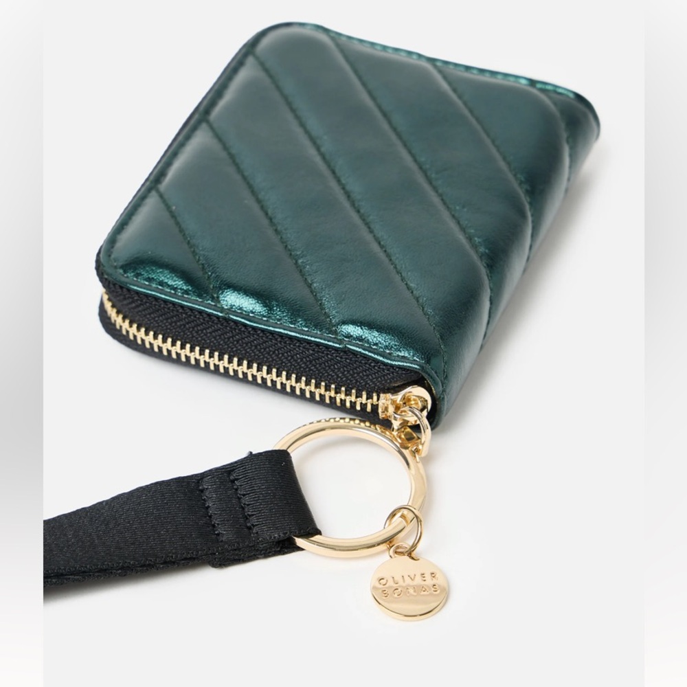 Oliver Bonas Metallic Green Quilted Zip Card Wallet with Wrist Strap